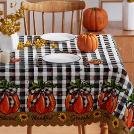 Mantel de otoño de 60 x 120 pulgadas, rectangular, diseño de búfalo, a cuadros, naranja, calabaza, borde festoneado, cubierta de mesa de temporada, otoño, Acción de Gracias, pícnic, decoración de