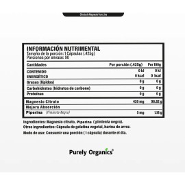 Citrato De Magnesio, 90 Cpsulas. Purely Organics. Sin Sabor                                                                                           