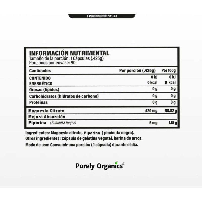 Citrato De Magnesio, 90 Cpsulas. Purely Organics. Sin Sabor