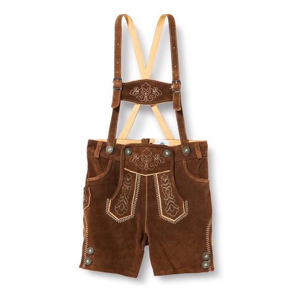 Isar-Trachten Boy’s Traditional Leather Trousers - Short, Brown, Embroidered, Camel