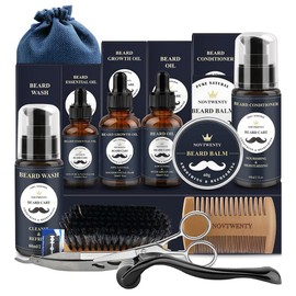 14 en 1 Kit Cuidado Barba, Incluye Crecimiento de Barba Rodillo, Champú Barba, Peine Barba, Cepillo Barba, Aceite Barba, Balsamo Barba, Barba Tijeras, Mejor Regalo Perfecto Originales para Hombre o Papa (Azul)