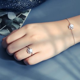 JIANGYUE Heart Shaped White Opal Rings for Women Cubic Zirconia Dog Paw Ring Jewelry Birthday Gift for Pet Lovers Size 8
