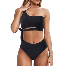 MOOSLOVER Women One Shoulder High Waisted Bikini Tie High Cut Two Piece Swimsuits(M,Black)