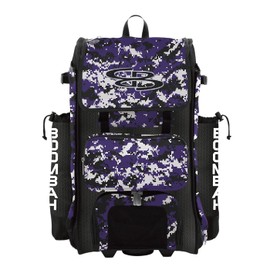 Boombah Rolling Catchers Superpack Baseball/Softball Gear Bag - 23-1/2" x 13-1/2" x 9-1/2" - Digital Camo Black/Purple - Telescopic Handle and Holds 4 Bats - Wheeled Version