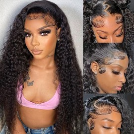 JFOOHD Water Wave Lace Front Wigs Human Hair 13x4 HD Transparent Lace Frontal Wigs Human Hair Pre Plucked 180% Density Water Wave Wig for Black Women Natural Color 20 Inch