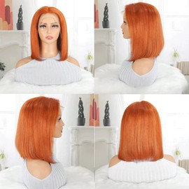 DUAUJUIU Short Bob Wig Human Hair 13x4 Lace Frontal Bob Wigs 180% Density 350 Orange Ginger Transparent Lace Pre Plucked Natural Hairline with Baby Hair 14 Inch