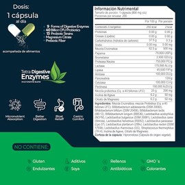 ETERNAL NUTRITION Tetra: Enzimas Digestivas y Probióticos Vivos (200 Caps) | 9 Enzimas, 13 Probióticos, Prebióticos e Inulina · 200 Porciones · 550 mg
