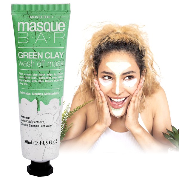 masque BAR Green Clay Wash Off Facial Mask (70 ml/Tube) — Korean Beauty Skin Care Treatment — Exfoliates, Purifies, Treats Pores and Heals Blemishes — Absorbs Impurities and Excess Oil, Smooths Skin