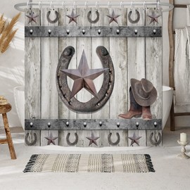 Leowefowa Rustic Western Shower Curtain Vintage Rusty Horseshoe Texas Star Cowboy Boots on Gray Barn Door Retro Farmhouse Garage Bath Curtains Waterproof Fabric with 12 Hooks 72Wx72H Inch