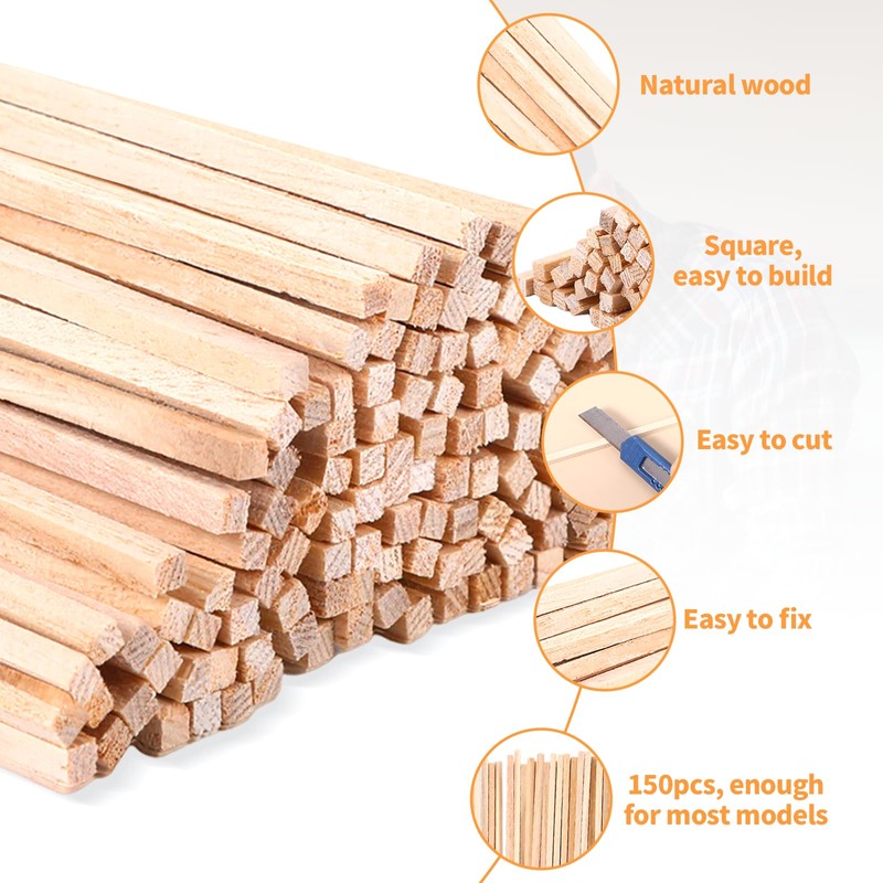 150 Pcs Natural Balsa Wood Sticks, Square Wooden Dowels 3