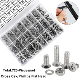 FandWay 720Pcs M3 M4 M5 M6 Cross Countersunk Machine Screw,Phillips Flat Head Screws,304 Stainless Steel Machine Screws,Bolt Nut Flat Washers Assortment Set with 1 Wrench and Storage Case.