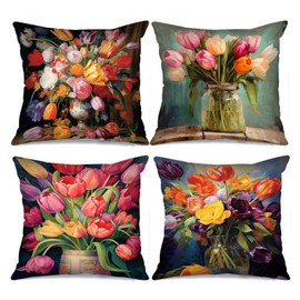 Tucocoo Decorative Cushion Covers with Tulip Vase 45 x 45 cm, Set of 4, Retro Bloom, Colorful Vintage Flowers, Modern Decoration for Couch, Bed, Car, Patio, Furniture, Bench, Sofa, Cushion Cover