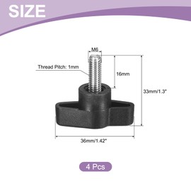 QUARKZMAN Pack of 4 T-wing Screws with Handles Thumb Screws, M6 x 16 mm Male Screw Knob 304 Stainless Steel Thumb Screw Handle 36 mm Diameter, Black