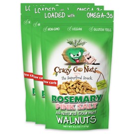 Crazy Go Nuts Walnuts - Rosemary Pink Salt, 4.5 oz (3-Pack) - Healthy Snacks, Keto, Vegan, Low Carb, Gluten Free, Superfood - Natural, Non-GMO, ALA, Omega 3 Fatty Acids, Good Fats, and Antioxidants