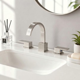 NOHALIPY Widespread Brushed Nickel Bathroom Faucets, Waterfall Nickel Stainless Steel Bathroom Faucet for Sink 3 Hole, Vanity Lavatory Faucets with Drain & Water Hoses, 8 Inch, Lead-Free, 360° Swivel