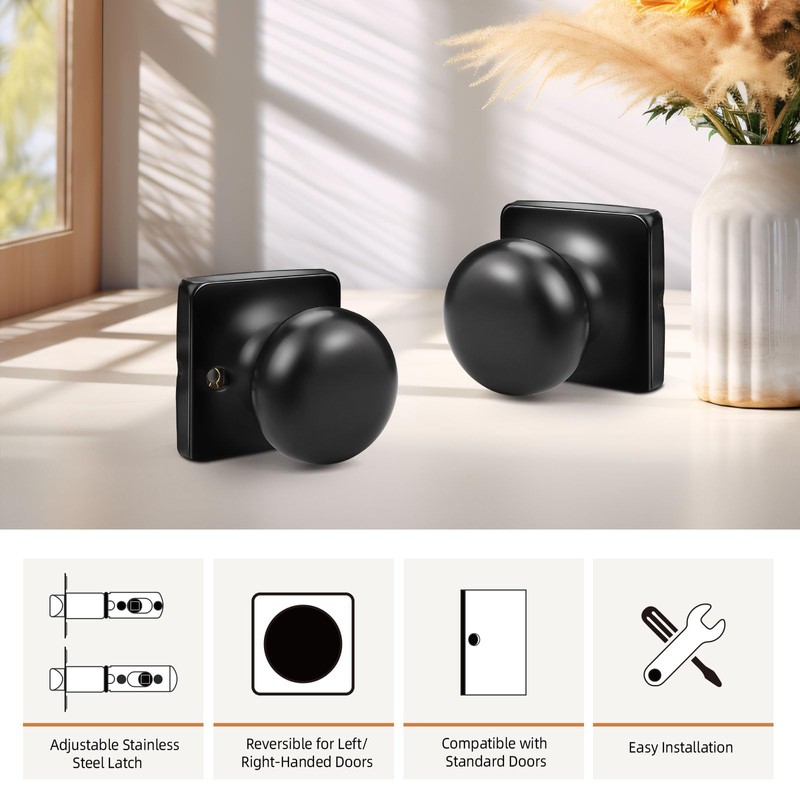 GOBEKOR Black Door Knobs Keyless Interior Door Knobs Matte Black