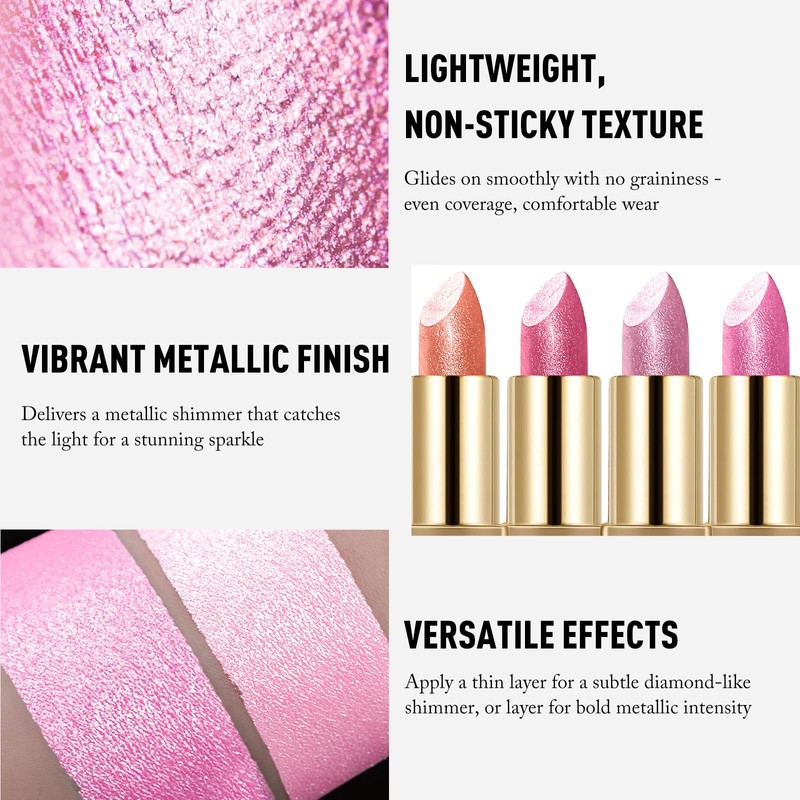 Wugbc Nude Pink Metallic Glitter Lipstick for Women, High Shine