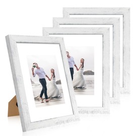 iRahmen 9x12 Picture Frame Set of 4 with Tempered Glass, Distressed White Frame Display 6x8 Picture with Mat or 9 x 12 Without Mat, Wooden Photo Frame for Wall Mount and Tabletop Display