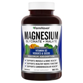 FarmHaven Magnesium Glycinate & Malate Complex w/Vitamin D3, 100% Chelated for Max Absorption, Vegetarian – Bone Health, Nerves, Muscles, 180 Capsules, 90 Days