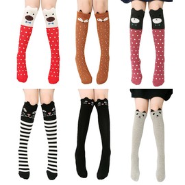 BOWKITE Girls Knee High Sock,Cotton Catroon Animal Bear Cat Fox Over Calf Stockings Assorted 6 Colors