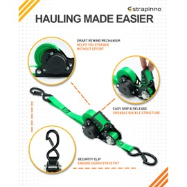Strapinno Retractable Ratchet Straps - 1 in x 12 ft Heavy Duty Tie Downs, 1800lbs Breaking Strength Each, S Hooks with Safety Clip, AutoRetract, for Moving, Motorcycle, Boat, Kayak, and Cargo (4 PCS)