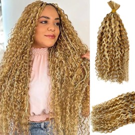 Human Braiding Hair Deep Water Wave Bulk Human Hair for Boho Braids No Weft 2 Bundles 22 Inch Strawberry Blonde with 613 Bleach Blonde Highlights Wet and Wavy Twist Hair Braiding for Knotless Bohemian