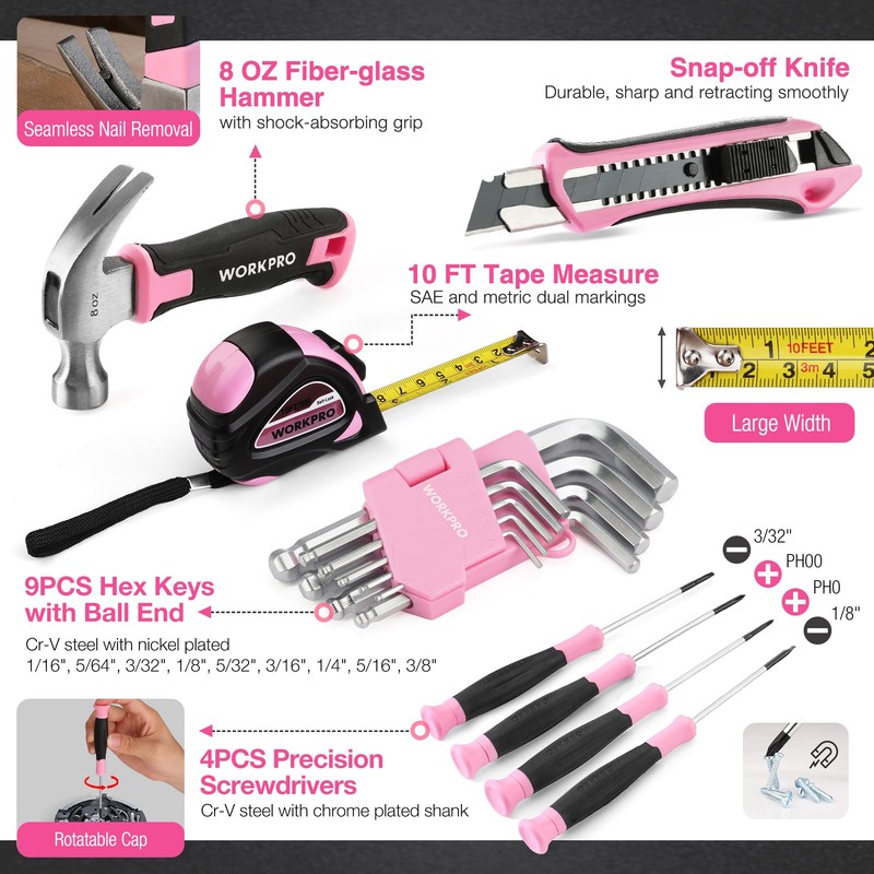 WORKPRO Pink Cordless Drill Driver with Toolbox, 43PCS Pink Tool