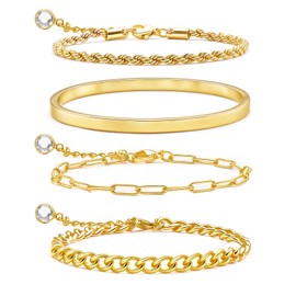 AamAccess Gold Bracelets for Women Trendy, 14K Gold Plated Stackable Adjustable Charm Paperclip Chain Cuban Link Layered Waterproof Jewelry Bracelet Set Gift (Fashion Decor 4)