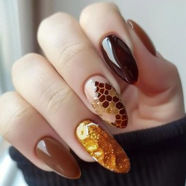 Press on Nails Medium Length Gold Glitter False Nail Honeycomb Pattern Design Full Cover Glossy Artificial Fingernails Brown Acrylic Stick on Nails Reusable Almond Shaped Glue on Nails for Women 24Pcs