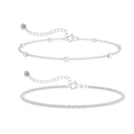 Double-Layer Gold Anklets Sets for Women Silver Dainty Layered Waterproof Anklet Adjustable Sparkly Beaded Rope Chain Set Stackable Summer Beach Jewelry (Silver Style)