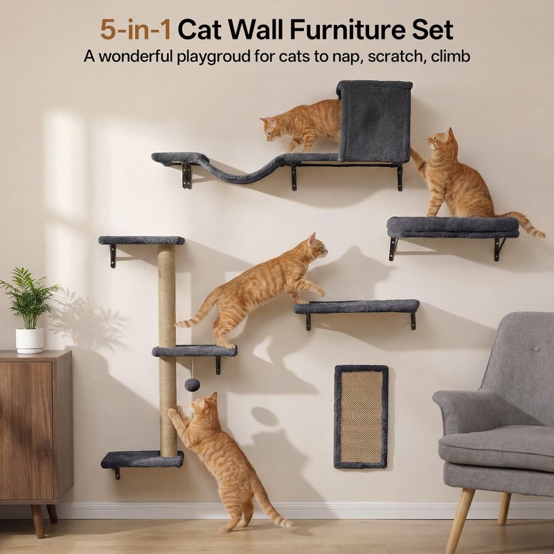MEWANG 5-in-1 Cat Wall Shelves: Cat Climbing Furniture with Wall