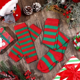Blulu Arm Warmers Leg Warmers for Women Girls Striped Thigh High Socks Fingerless Gloves Striped Stocking(Dark Red and Green)