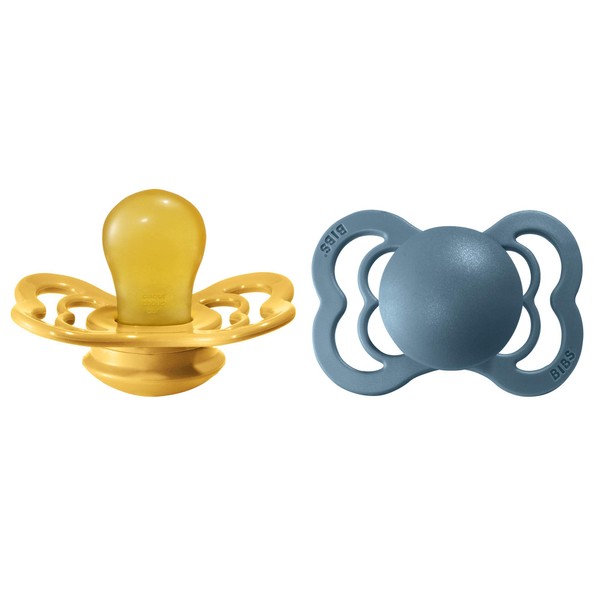 BIBS Supreme Pacifiers Pack of 2, BPA Free, Symmetrical Nipple. Natural Rubber/Latex, Made in Denmark. 0-6 Months (Pack of 2), Mustard/Petrol