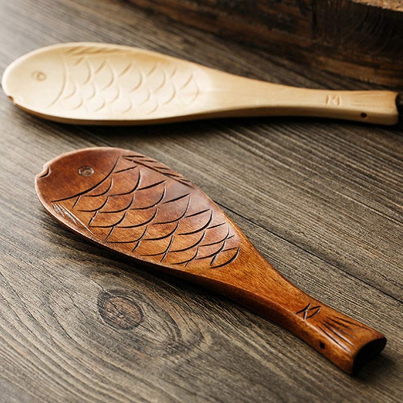VOANZO 2 pieces fish-shaped wooden rice spoon, fish-shaped wooden rice