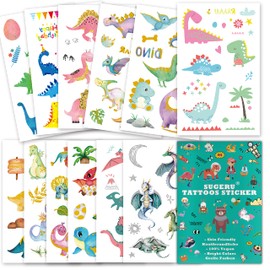 SUGERU® 100+ Tattoo Children's Skin-Friendly, Dinosaur Tattoos Stickers Kids, Children's Tattoos Boys Girls, Party Bags Children's Birthday Party / Soybean Extract - Natural Safe Ingredients (Dinos)