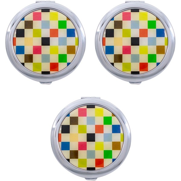 Stephanie Imports Set of 3 Double Sided Magnifying Round Compact Mirrors with Printed Insert (Colorful Checkered Pattern)