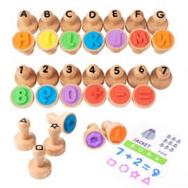 TUNJEJINY Montessori Wooden Alphabet Number Shape Stamps Set, ABC Spelling Letter Stampers and Mathematics Shapes Learning Flashcard, Preschool Educational Toy Gifts for 3 4 5 Year Old