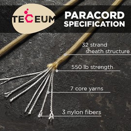 TECEUM Paracord Type III 550 Golden Sand – 100 ft – 4mm – Tactical Rope MIL-SPEC – Outdoor para Cord –Camping Hiking Fishing Gear and Equipment – EDC Parachute Cord – Strong Survival Rope