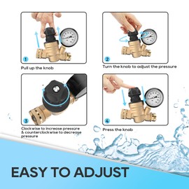 RVGUARD RV Water Pressure Regulator Valve With An Adjustable Knob, NO Tool Required, Brass Lead-Free Water Pressure Reducer with Gauge and Inlet Screen Filter for RV Camper Travel Trailer