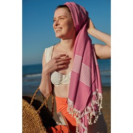 Happy Towels Hammam Towel, Bath Towel, Sauna Towel, Extra Long & Soft Woven, 210 cm x 95 cm, 60% Tencel™ Lyocell and 40% Cotton, Fairtrade (Pink and White, 1)