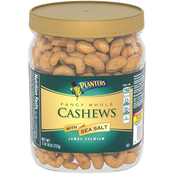 PLANTERS Fancy Whole Cashews with Sea Salt, 26 oz Resealable Jar - Made with Simple Ingredients - Good Source of Vitamins and Minerals - Kosher