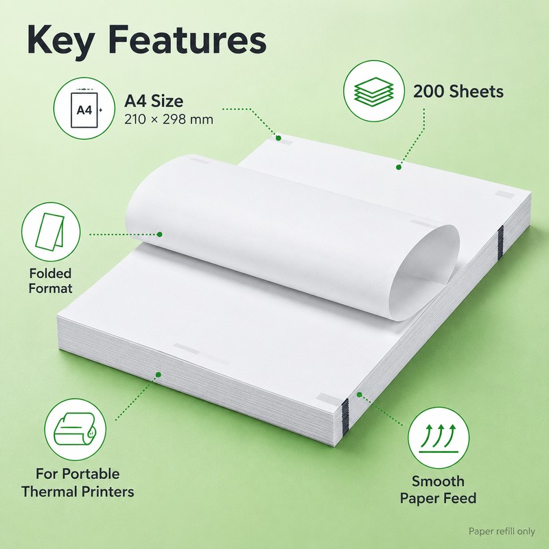 A4 Thermal Printing Paper for Portable Printers – 200-Sheet Folded