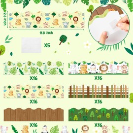 BeYumi 96Pcs Jungle Animals Themed Bulletin Board Borders Forest Safari Animals Plaid Scalloped Border Trim Green Wild Animals Elementary Kindergarten Preschool Classroom Chalkboard Party Decoration
