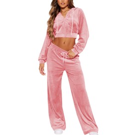 SMSN Women Sweatsuits Set Velvet 2 Piece Tracksuit Outfits Velour Jogging Long Sleeve Sweat Hoodie and Sweatpants Set Pink XL
