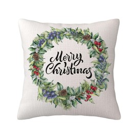 Merry Christmas Wreath Pillow Cover, 18x18 inch Linen Garland Xmas Decorative Throw Pillow Cover, Double Sided Printing Zipper Cushion Case, Winter Decoration Winter Holiday Pillowslip for Home Sofa