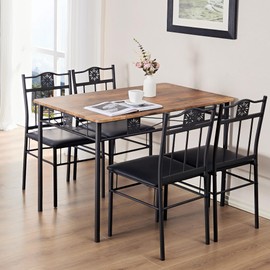 VECELO Kitchen Dining Room Table Sets for 4, 5 Piece Wood Rectangular Breakfast Nook, Dinette with PU Padded Chairs, Brown