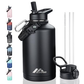 StarSpeed 64oz Insulated Water Bottle with Straws & 2 Lids, Half Gallon Stainless Steel Double Walled Vacuum Water Jug, Large Wide Mouth with Paracord Handle for Gym Camping Hiking, Black