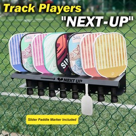 Retrora Pickleball Rack Holds 8 Paddles at 45-Degree Angle, With Slider Marker to Track Next Up Players, Fence or Wall Mount, Steel, Black