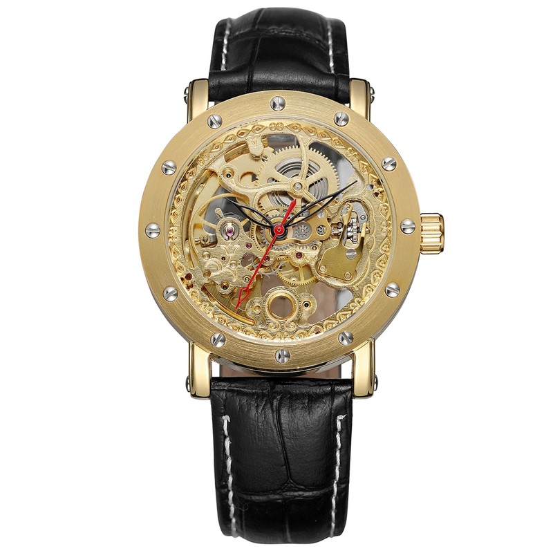 FORSINING Hollow Mechanical Waterproof PU Leather Watch(Gold Movement Gold Case