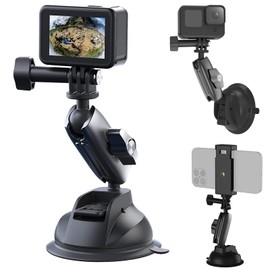 Versatile Suction Cup Mount for GoPro Hero 12/11/10/9, DJI Osmo Action/Procket, Insta360 X3, Dual Ball Head Mount 360° Rotation, Extra Phone Clip Included
